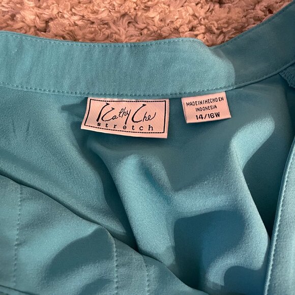 Cathy Che Stretch Teal Mandarin Collar Blouse 14/16W - Picture 4 of 8